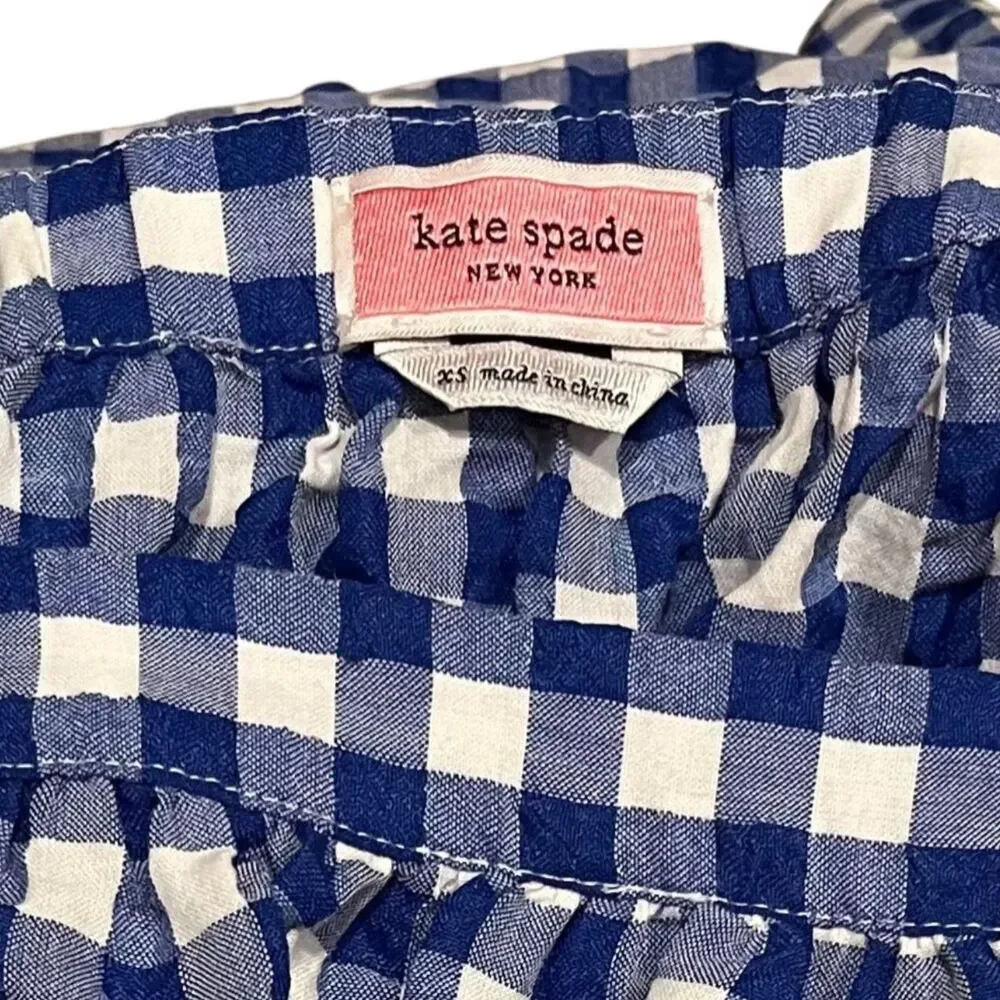 KATE SPADE Blue & White Gingham Square Neck Puff Sleeve Blouse Sz XS